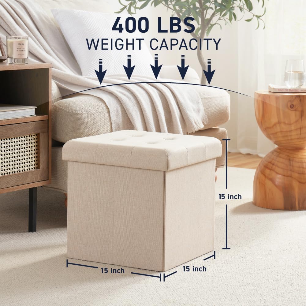 Ornavo Home 15 Inch Folding Storage Ottoman Cube, Tufted Linen, Beige