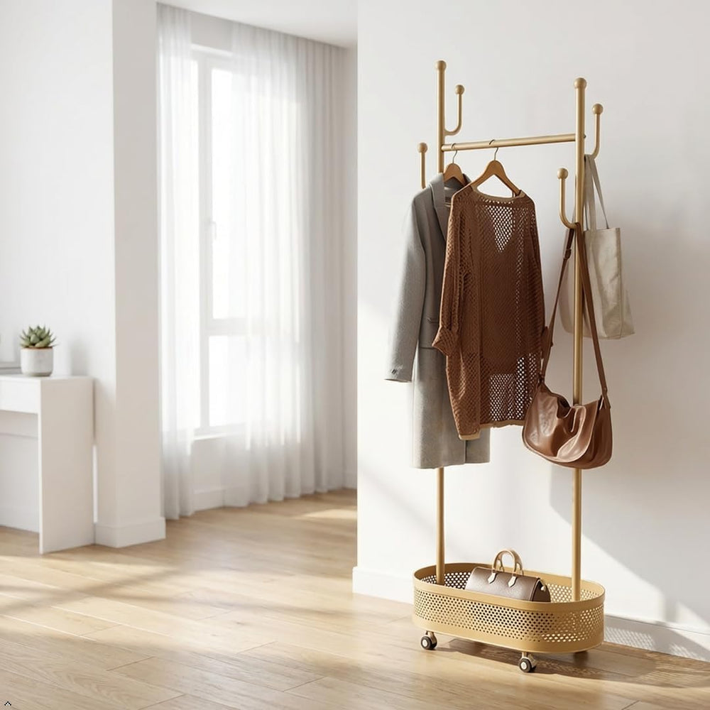 Gold Wheeled Cactus Metal Coat Rack Freestanding Garment Organizer