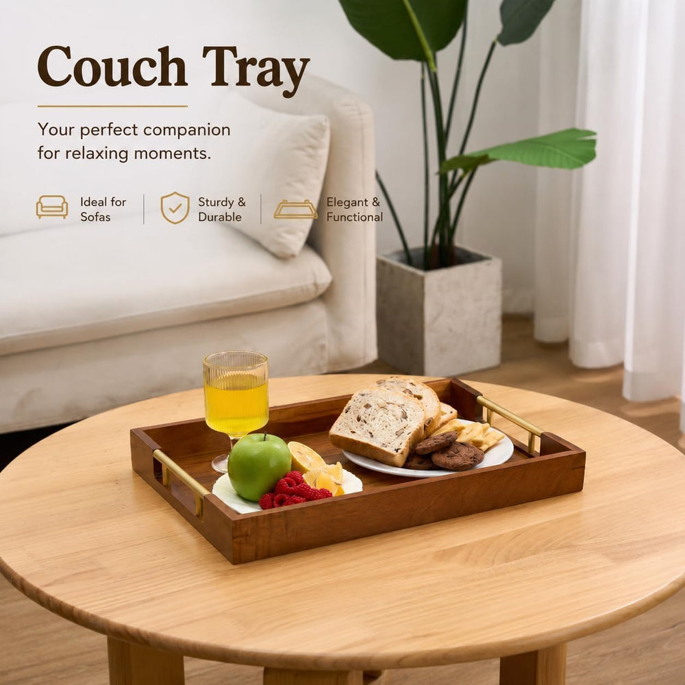 Acacia Wood Serving Tray with Gold Handles – Coffee Table & Ottoman Tray