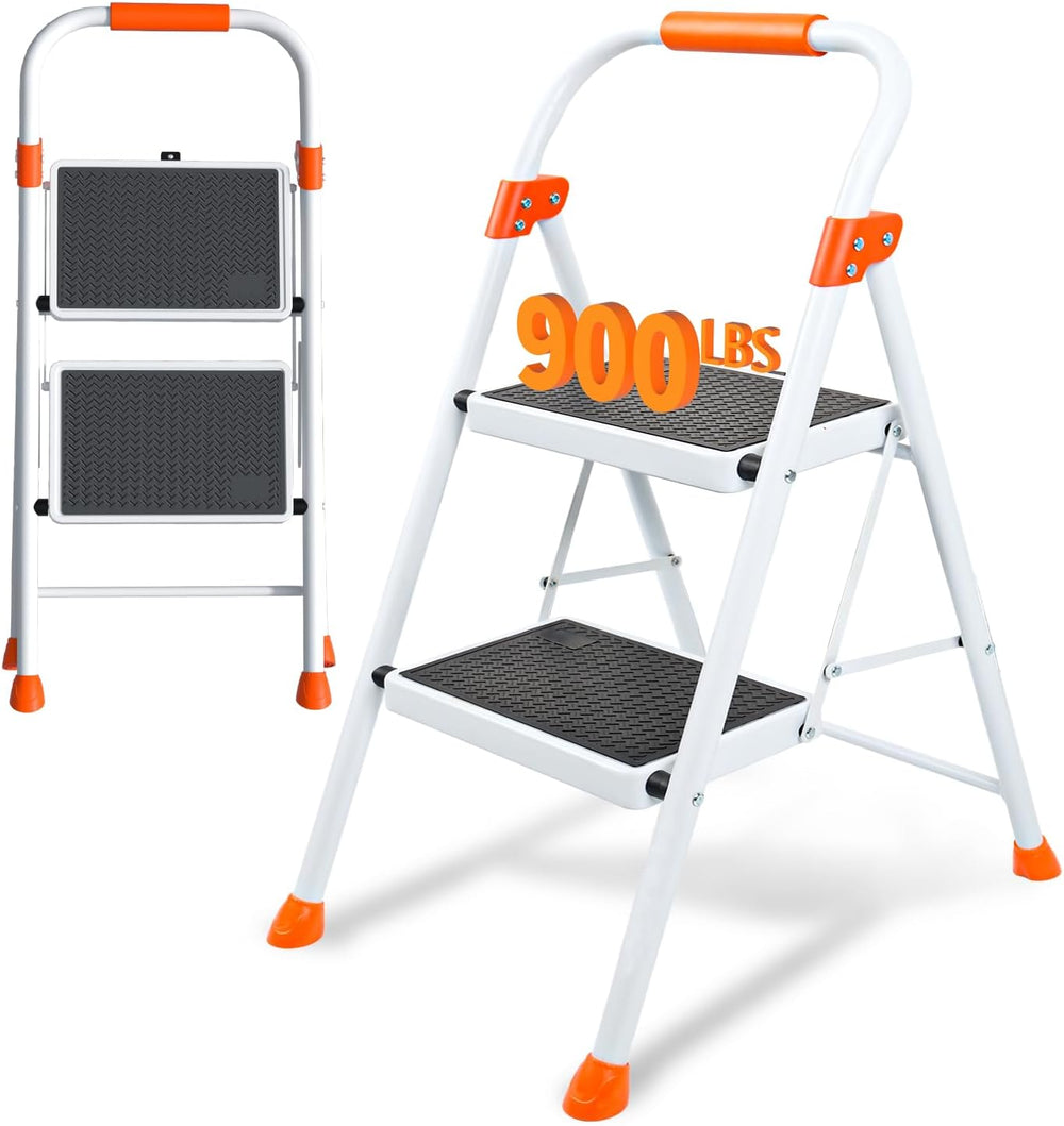 2 Step Ladder, Heavy Duty Step Stool with Orange Cushioned Handle