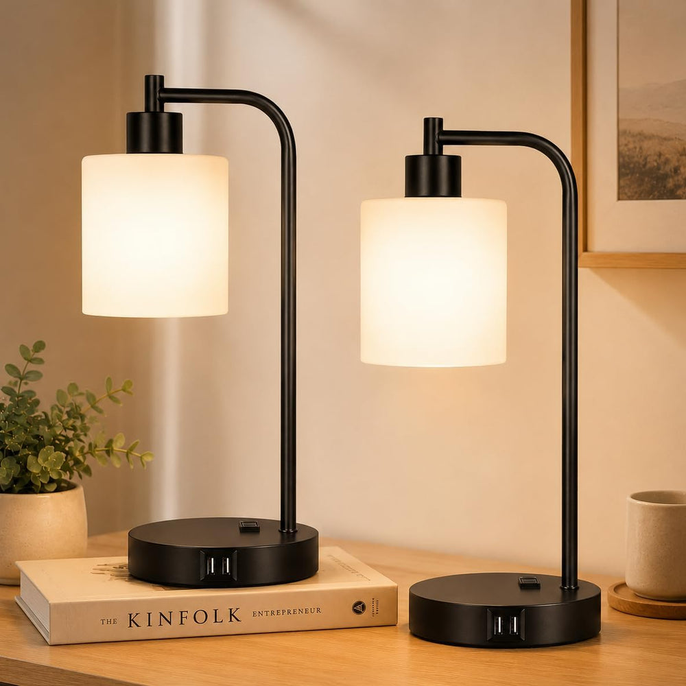 Set of 2 Industrial Touch Control Table Lamps with 2 USB Ports and AC Outlet ...