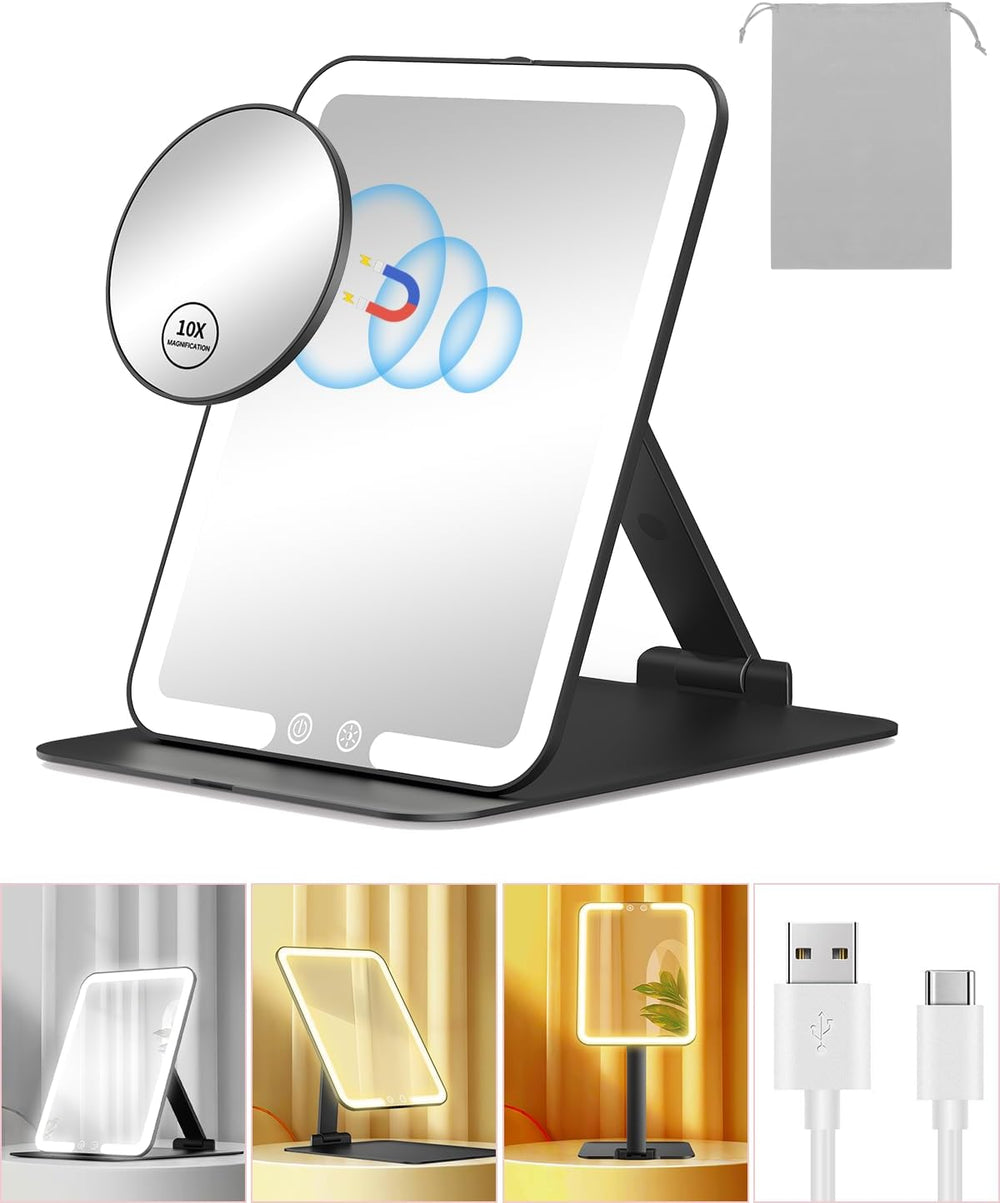 Gospire Travel Makeup Mirror with Lights and Magnification 10X, Black