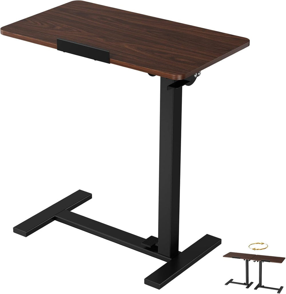 DUMOS Overbed Table with Wheels, Height-Adjustable Bedside Table, Brown
