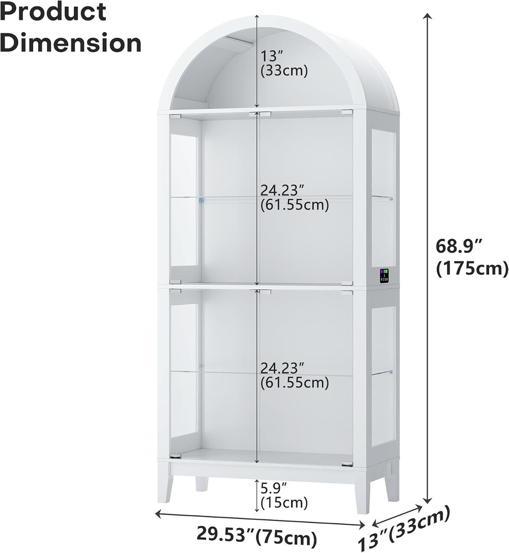 HNEBC Arched Glass Display Cabinet with RGB Dimmable LED Lights, White
