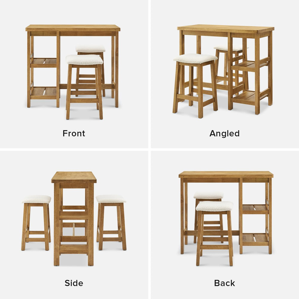 mopio Kelly Counter Table Set, 3 Piece, 2 Stools, Solid Wood