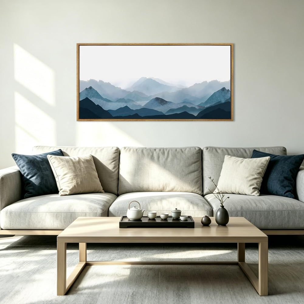 Blue Framed Mountain Landscape Wall Art Fog Mountain Painting Wall Decor for ...