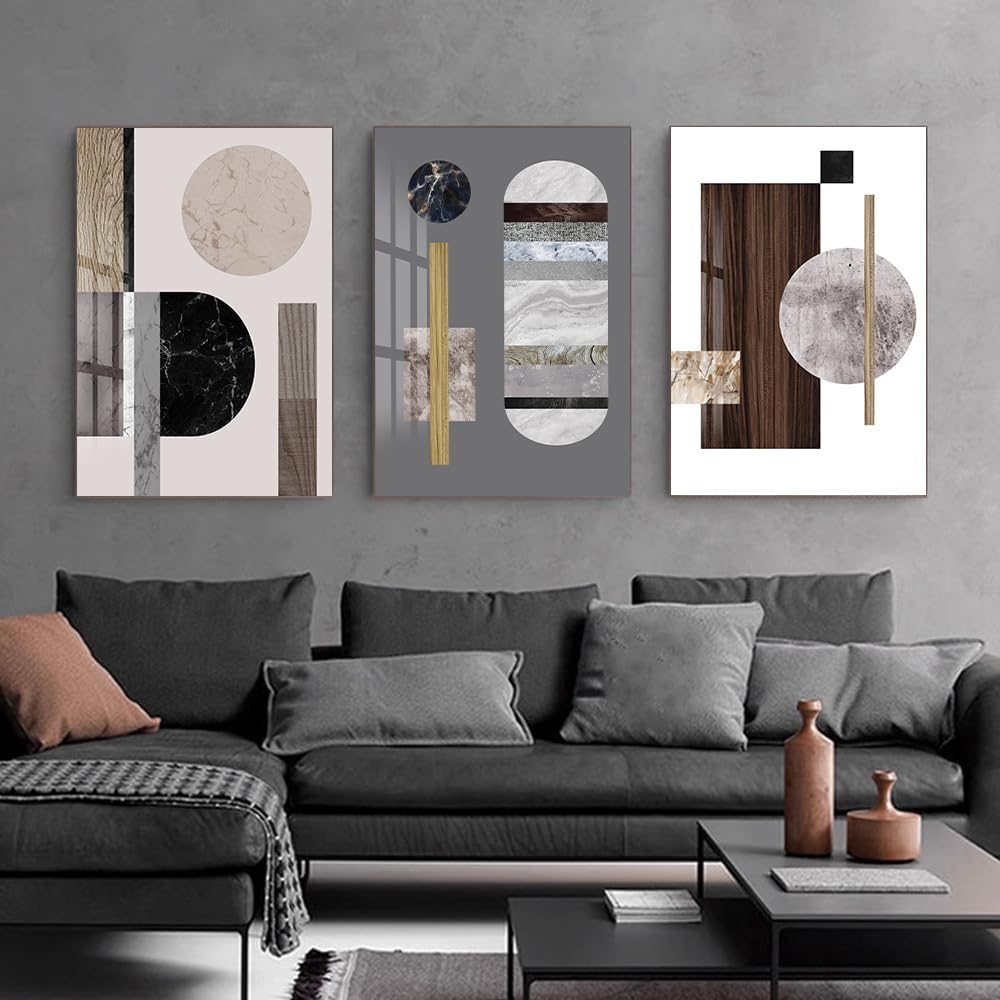 QKF 3Pcs Marble Wood Grain Geometric Crystal Framed Canvas Wall Art Decor