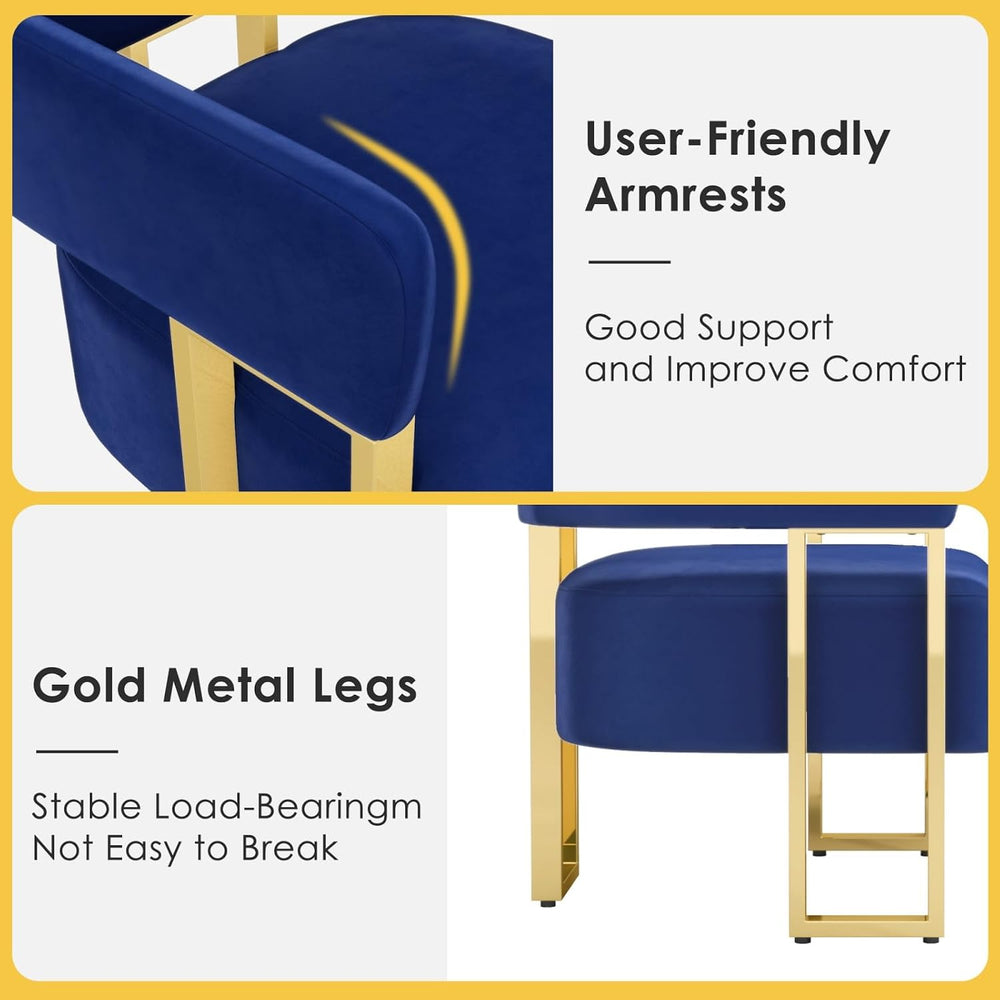 Velvet Dining Chairs Set of 2, Blue Upholstered Accent Armchairs, Gold Legs