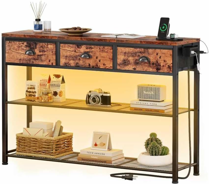 SONGMICS Console Table with Charging Station, Narrow Sofa Table with LED Lighting, for Entryway, Living Room, 11.8 x 38.9 x 31 Inches, 3 Fabric Drawers, Rustic Brown, BELLAH Collection ULGS198K101