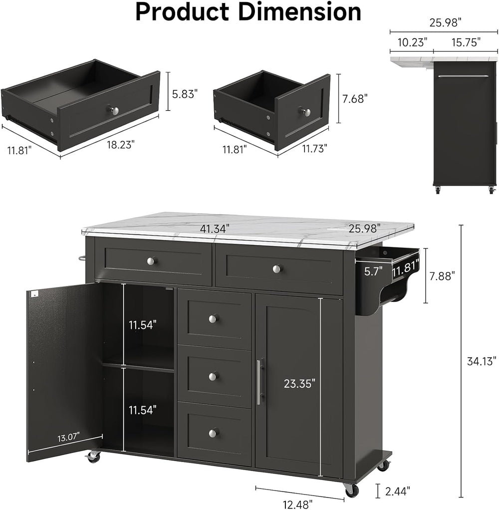 ONBRILL 47" Kitchen Island with 2 Storage Cabinets & 5 Drawers, Black