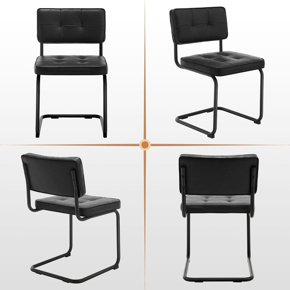 Zesthouse Industrial Metal Dining Chairs Set of 4, Upholstered Faux Leather Kitchen Chairs with Black Metal Base, for Kitchen & Dining Room Living Room, Mid Century Breuer Design Inspired, Black