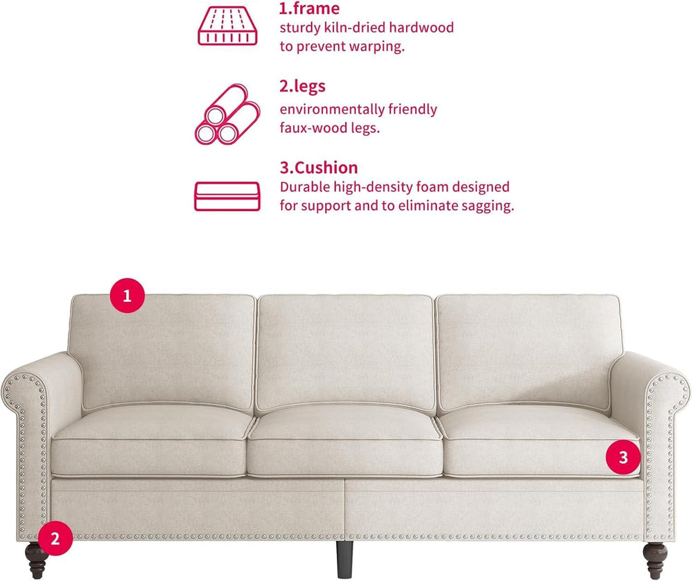 MUZZ 3PCS Sofa Set for Living Room, Linen 6 Seater Couch Set with Nailhead Tr...