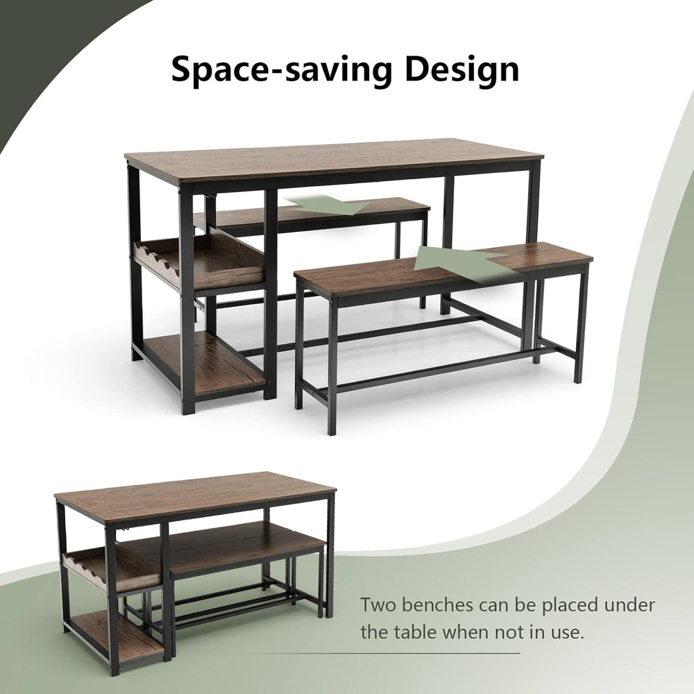 COSTWAY 3-Piece Dining Table Set for 4, Rustic Pub Table with 2 Benches