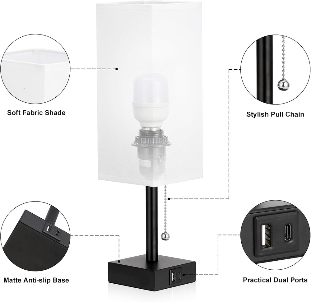Set of 2 White Bedside Table Lamps for Bedroom - Nightstand Lamp, USB C+A