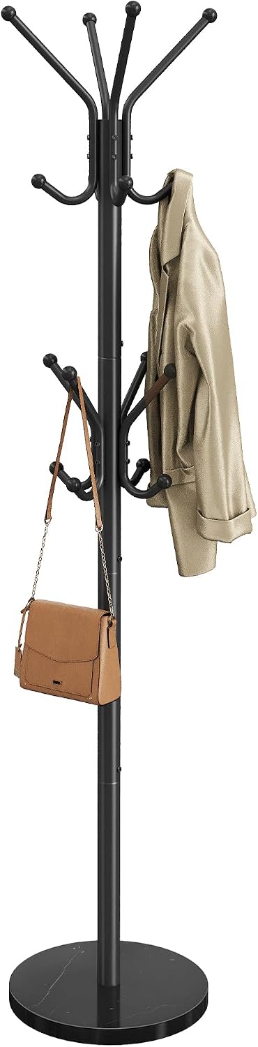 SONGMICS Freestanding Coat Rack, 16 Hooks, Steel Coat Tree with Marble Base