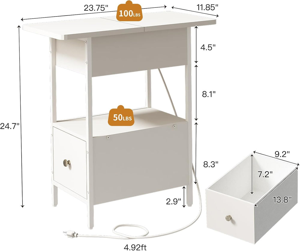 SOOWERY End Table with Charging Station, Narrow Side Table for Living Room