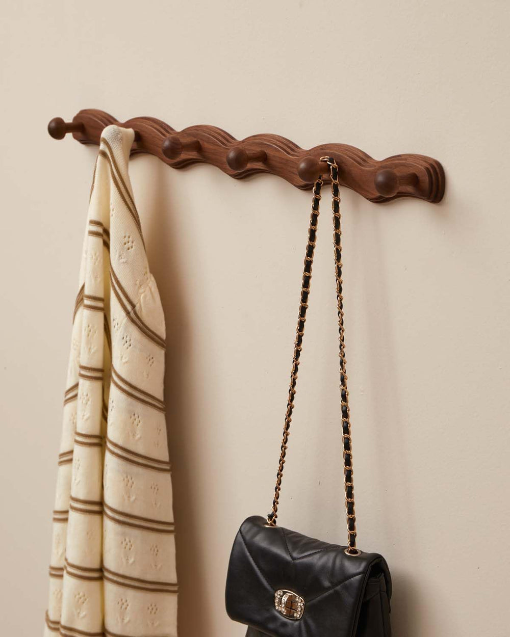Wood Coat Rack Wall Mount - Walnut Coats Hook Hanger Wall-Mounted, Wave-Shape...