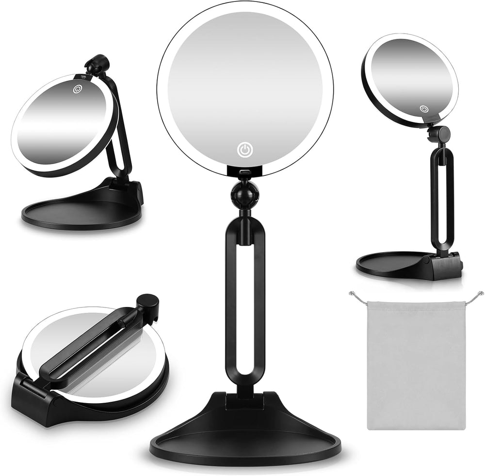 Lighted Makeup Mirror with magnification 40X/1X, Foldable Double-Sided