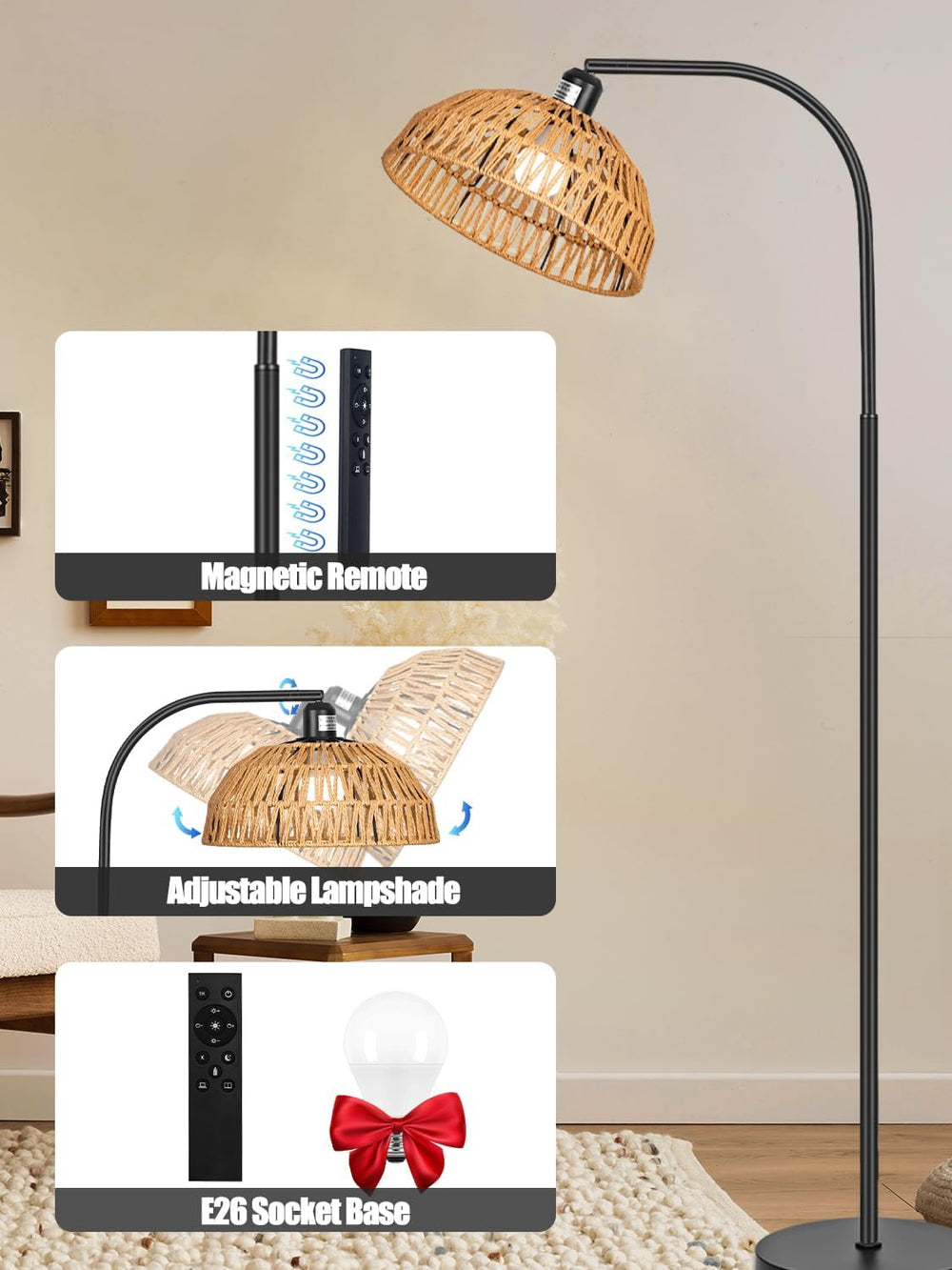 Brilvibera Boho Standing Lamp with Remote Control and Dimmable Bulb