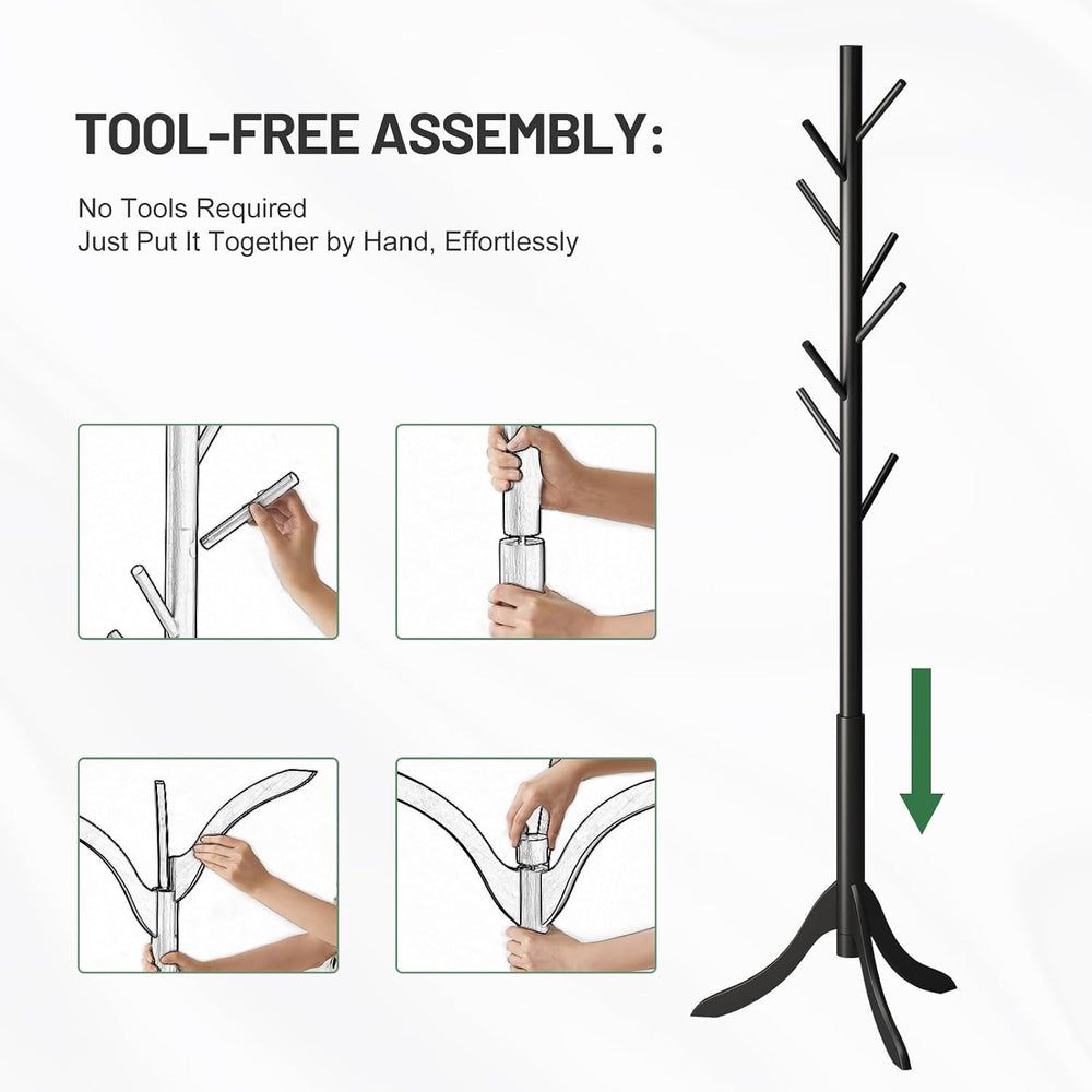 kiplant Black Coat Rack Stand, Bamboo Wood Freestanding Coat Tree with 8 Hook...