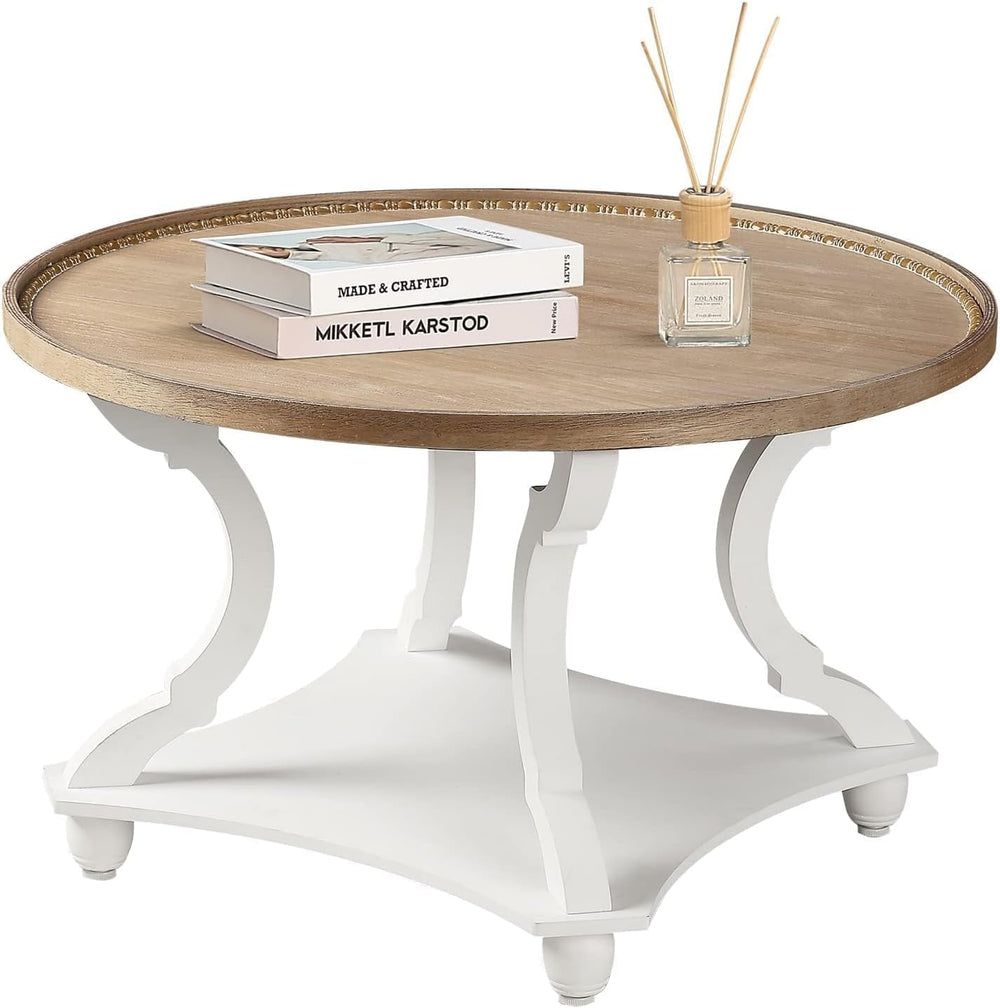 Wnutrees Farmhouse Round Coffee Table, Wood Tray Top with Storage Shelf