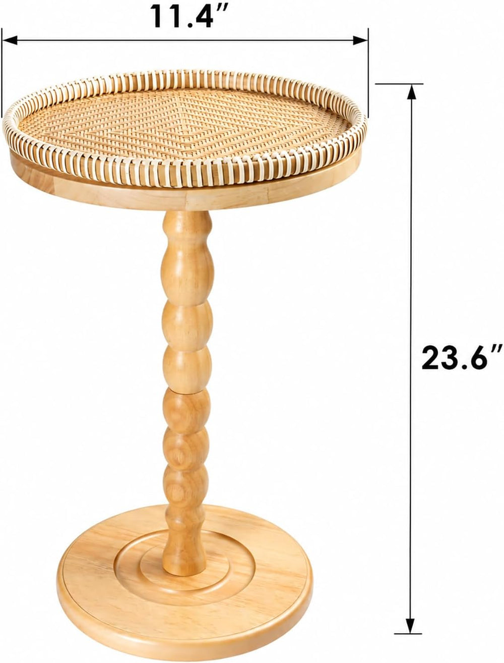 Rattan Round Side Table, Rubberwood‌ Small Drink Table for Small Spaces