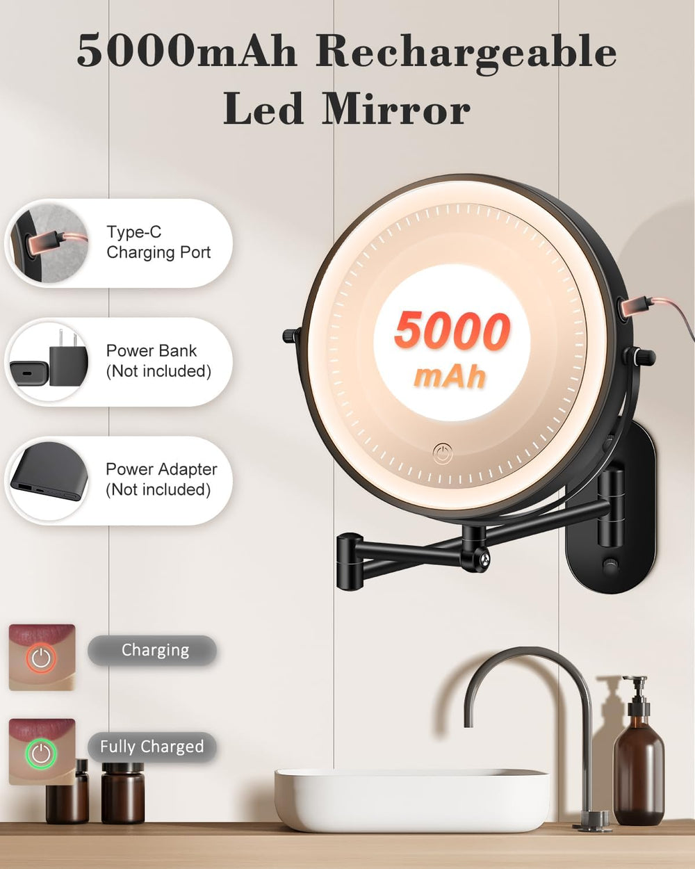 20X 9" Wall Mounted Magnifying Makeup Mirror with Light Height Adjustable