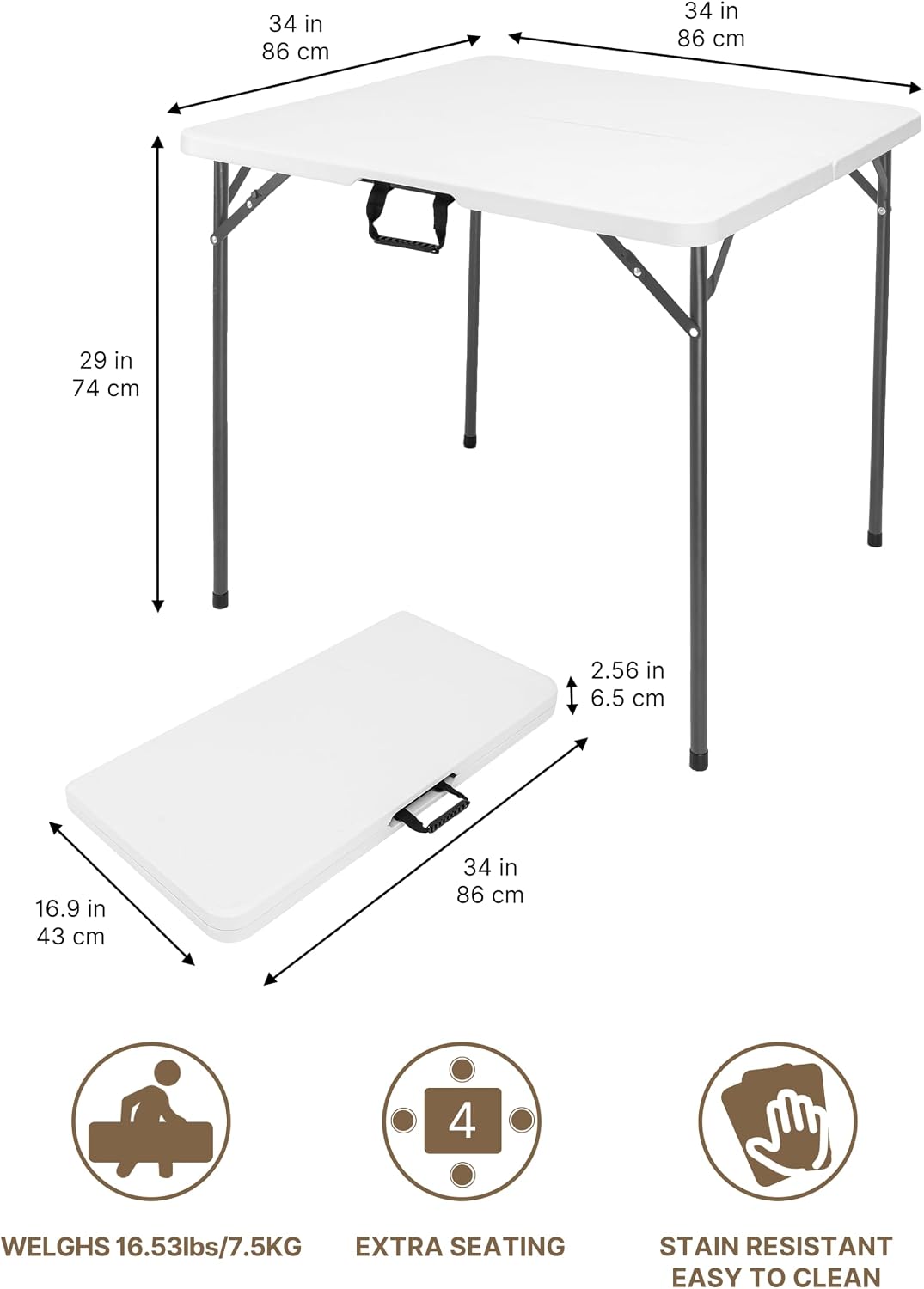34" Square Folding Card Table, Fold-in-Half White Portable Table