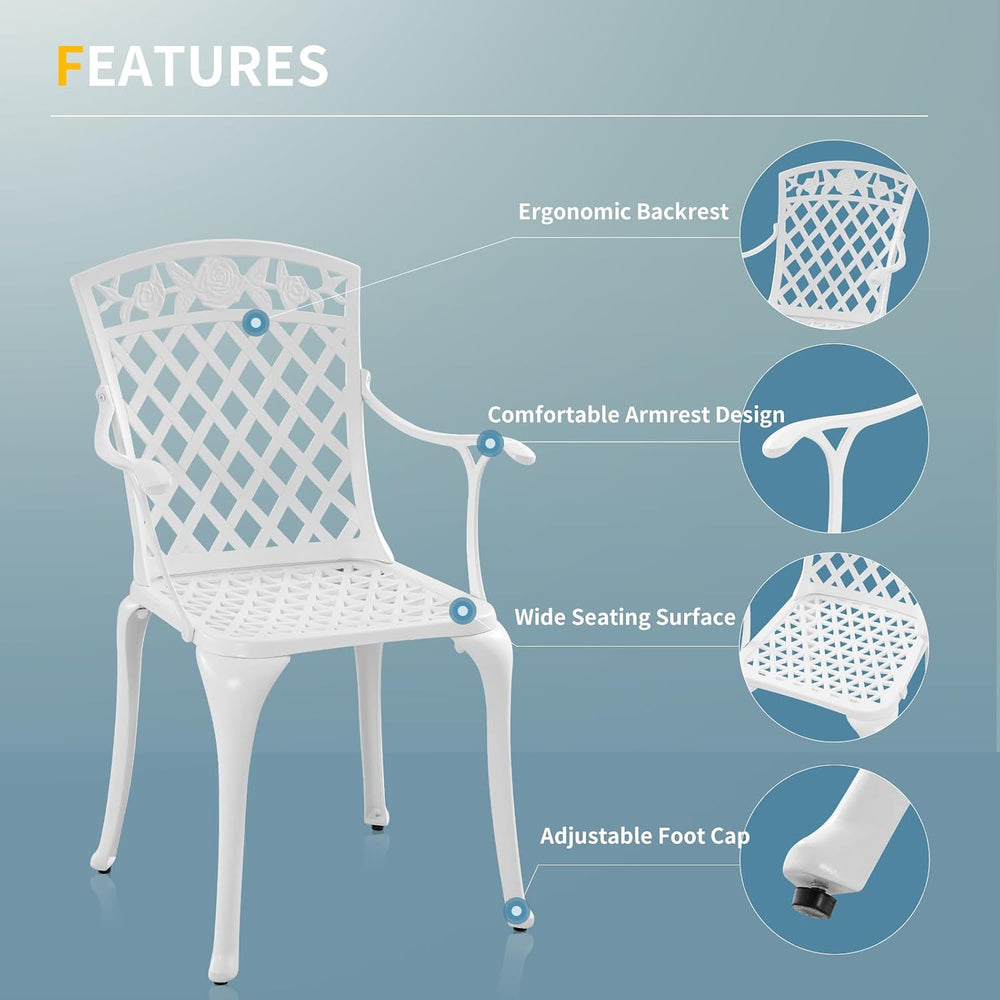 Outdoor White Cast Aluminum Arm Chair, Set of 2 Patio Dining Chairs, All-Weat...