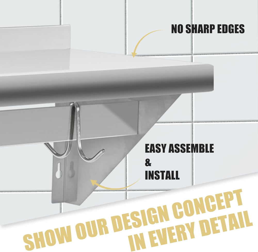 Hally Stainless Steel Shelf with 4 Hooks 12"x24" Wall Mounted Pot R...
