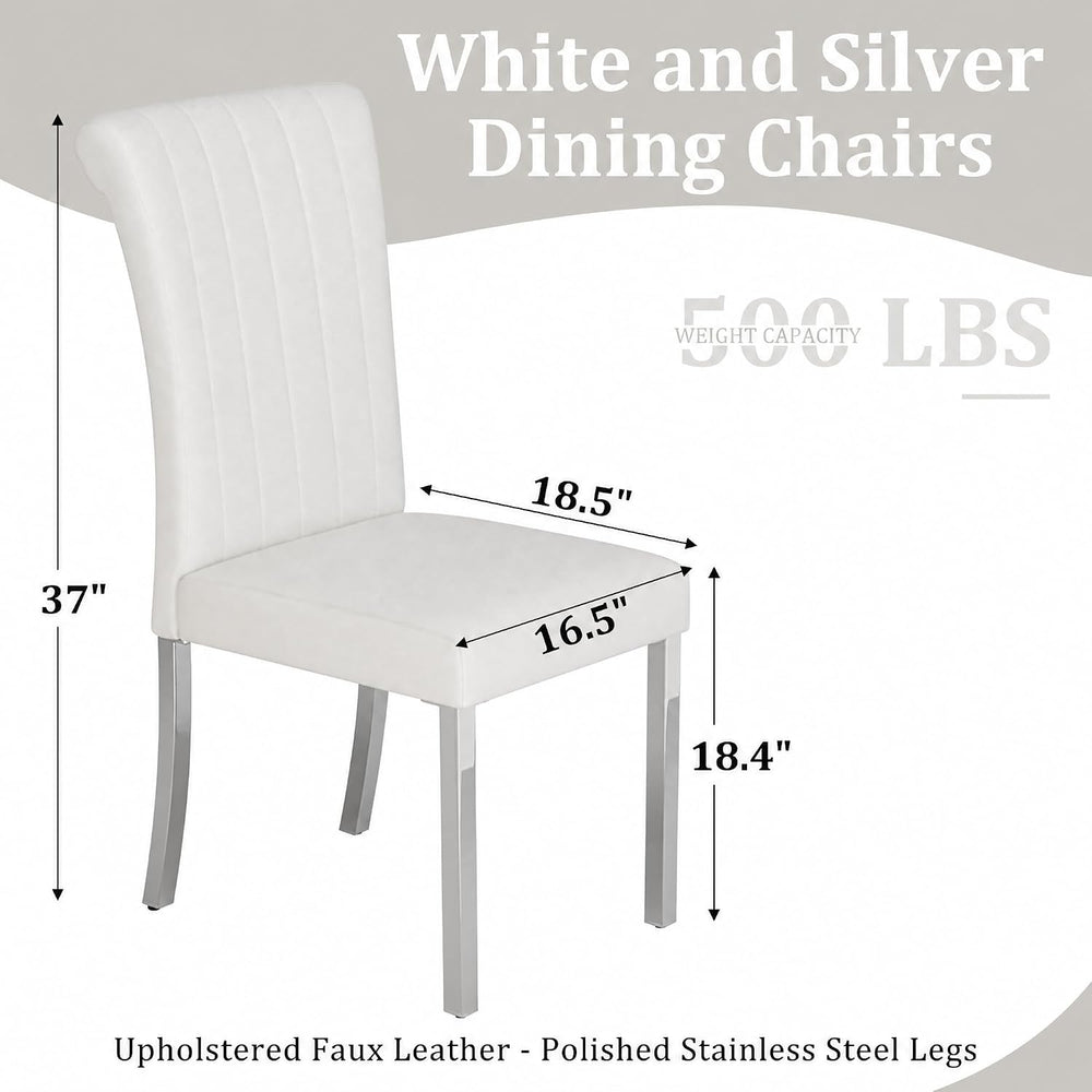 ACEDÉCOR White Faux Leather Dining Chairs Set of 2 with Silver Metal Legs
