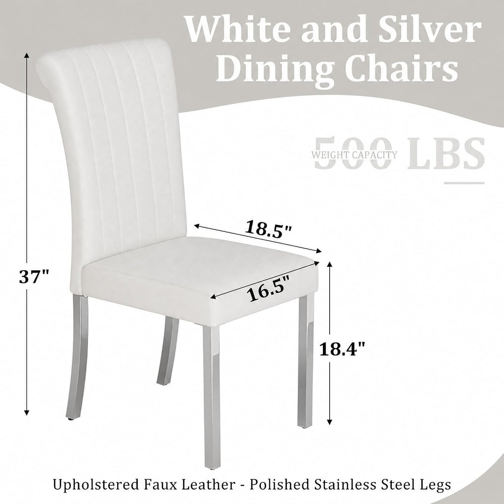 ACEDÉCOR White Faux Leather Dining Chairs Set of 2 with Silver Metal Legs