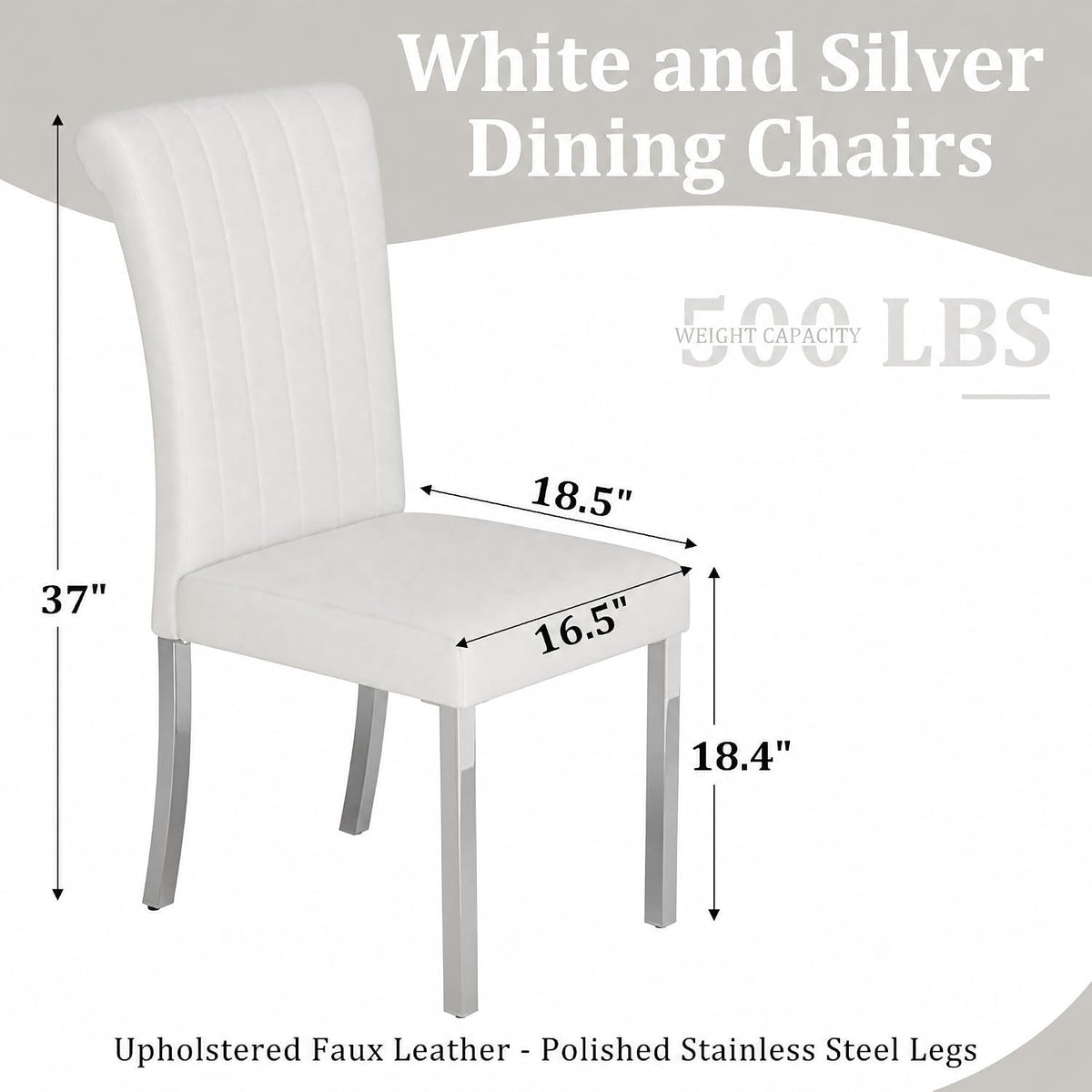 ACEDÉCOR White Faux Leather Dining Chairs Set of 2 with Silver Metal Legs