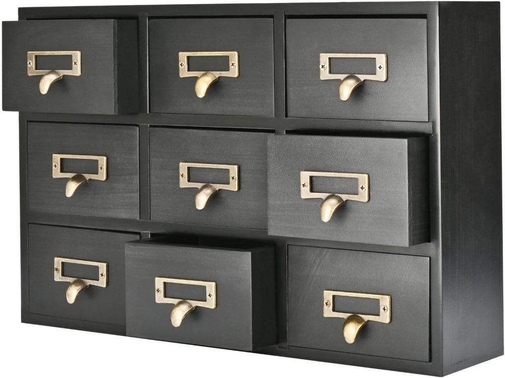 Flexzion Apothecary Cabinet with 9 Drawers, Black Card Catalog Cabinet