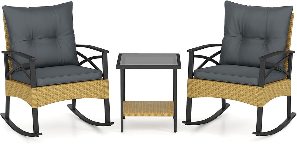 RELAX4LIFE 3-Piece Rattan Patio Rocking Chair Set, 2 Wicker Glider Rocking Ch...
