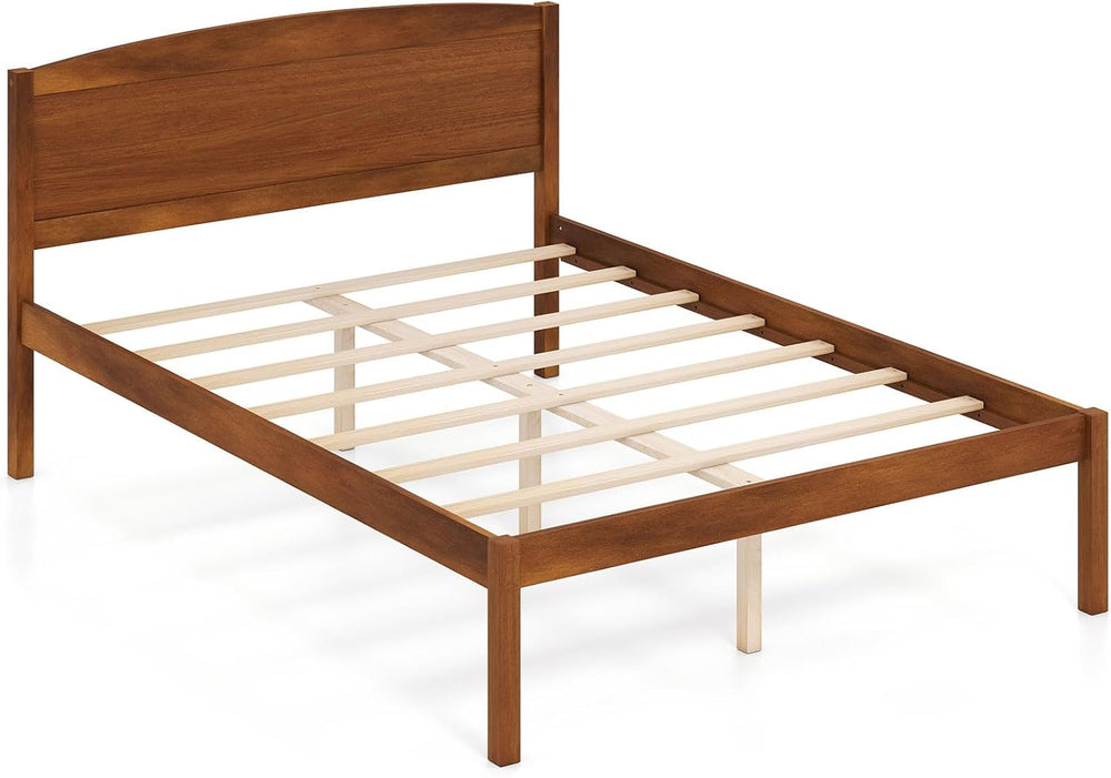 GIANTEX Full Size Wooden Bed Frame with Curved Headboard, Wood Slat Support