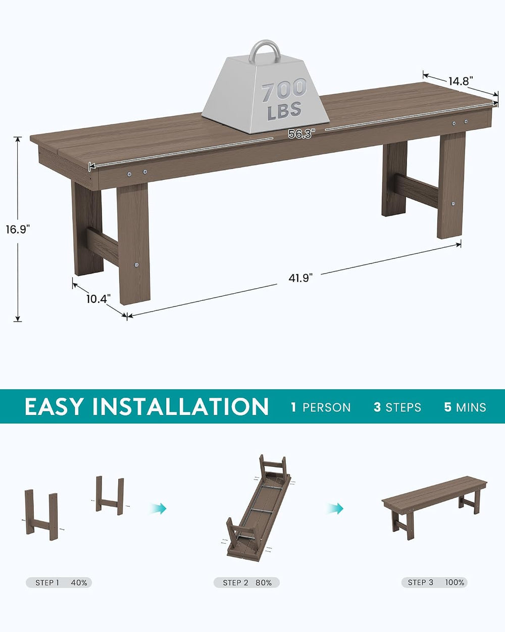 SERWALL 2-Person Backless Outdoor Bench 56 Inches, Coffee
