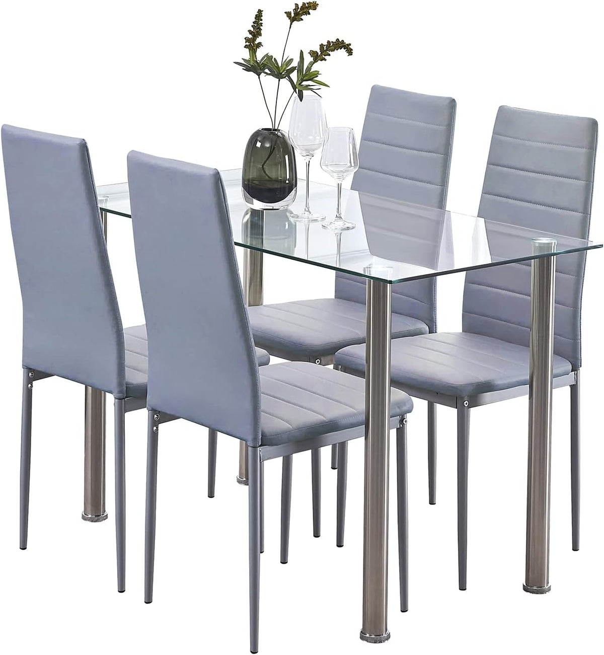 Dining Table Set for 4, 5 Piece Kitchen Table and Chairs for Dinette, Apartment, Compact Space-Saving w/Tempered Glass Tabletop and 4 Upholstered Chairs, Clear/Silver+Slate Gray
