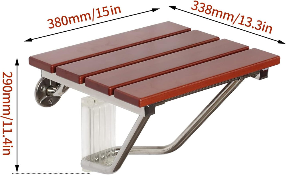 Folding Shower Seat Wall Mounted, Teak Wood, 15'' Foldable Shower Chair