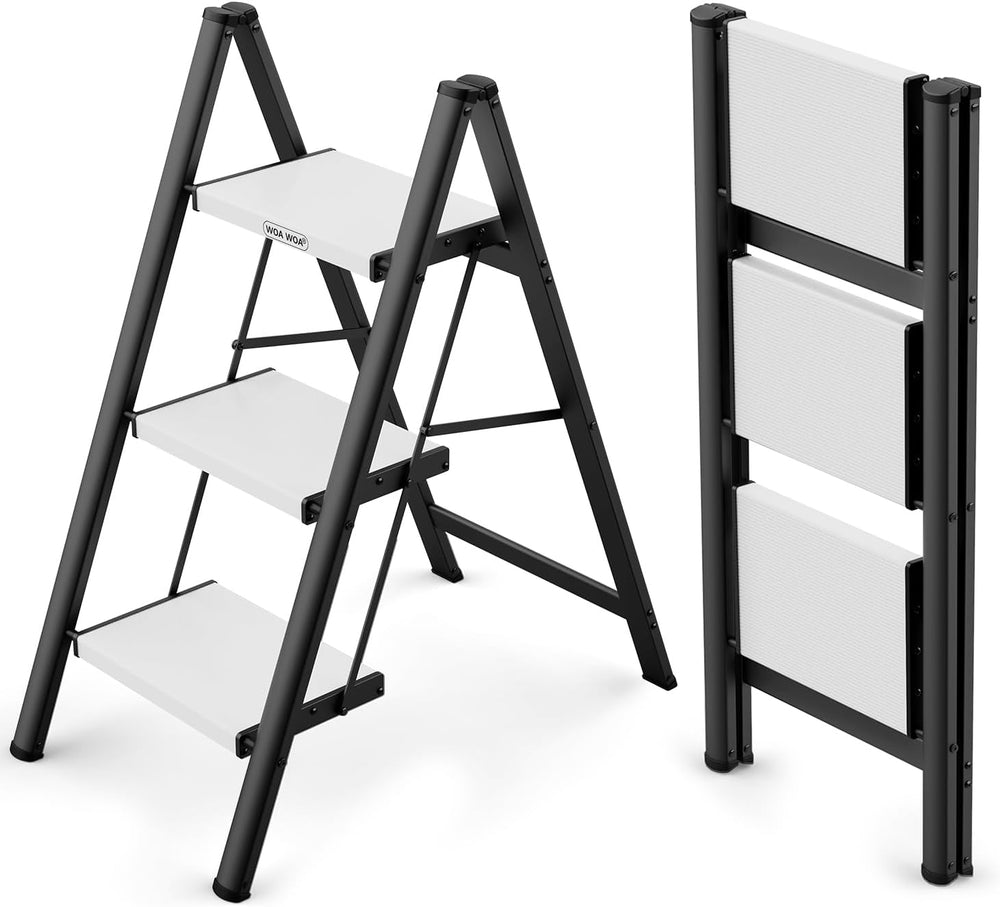 WOA WOA 3 Step Ladder, Foldable Step Stool, 300lbs Load, Black & White