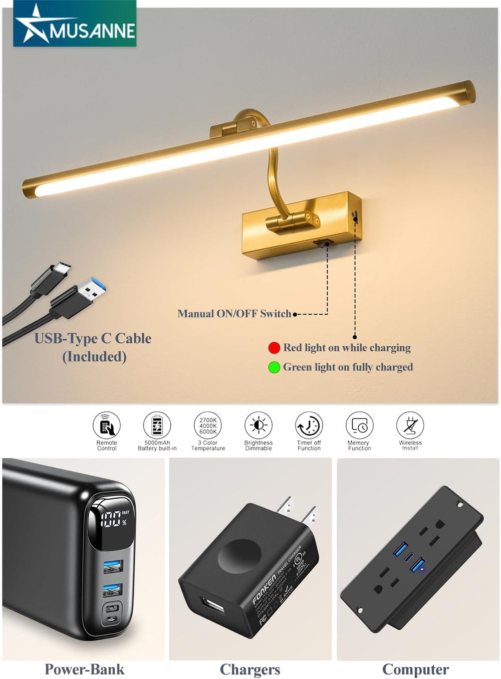 Wireless Rechargeable Picture Light for Wall, 24 Inch Battery Operated Art Li...
