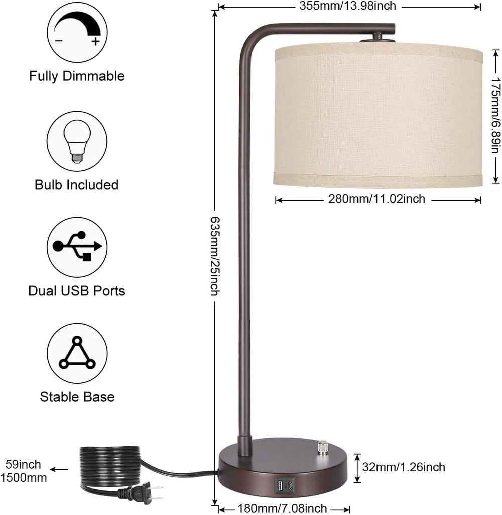 Tall Table Lamps Set of 2, Fully Dimmable Bedside Lamp with USB C+A Ports