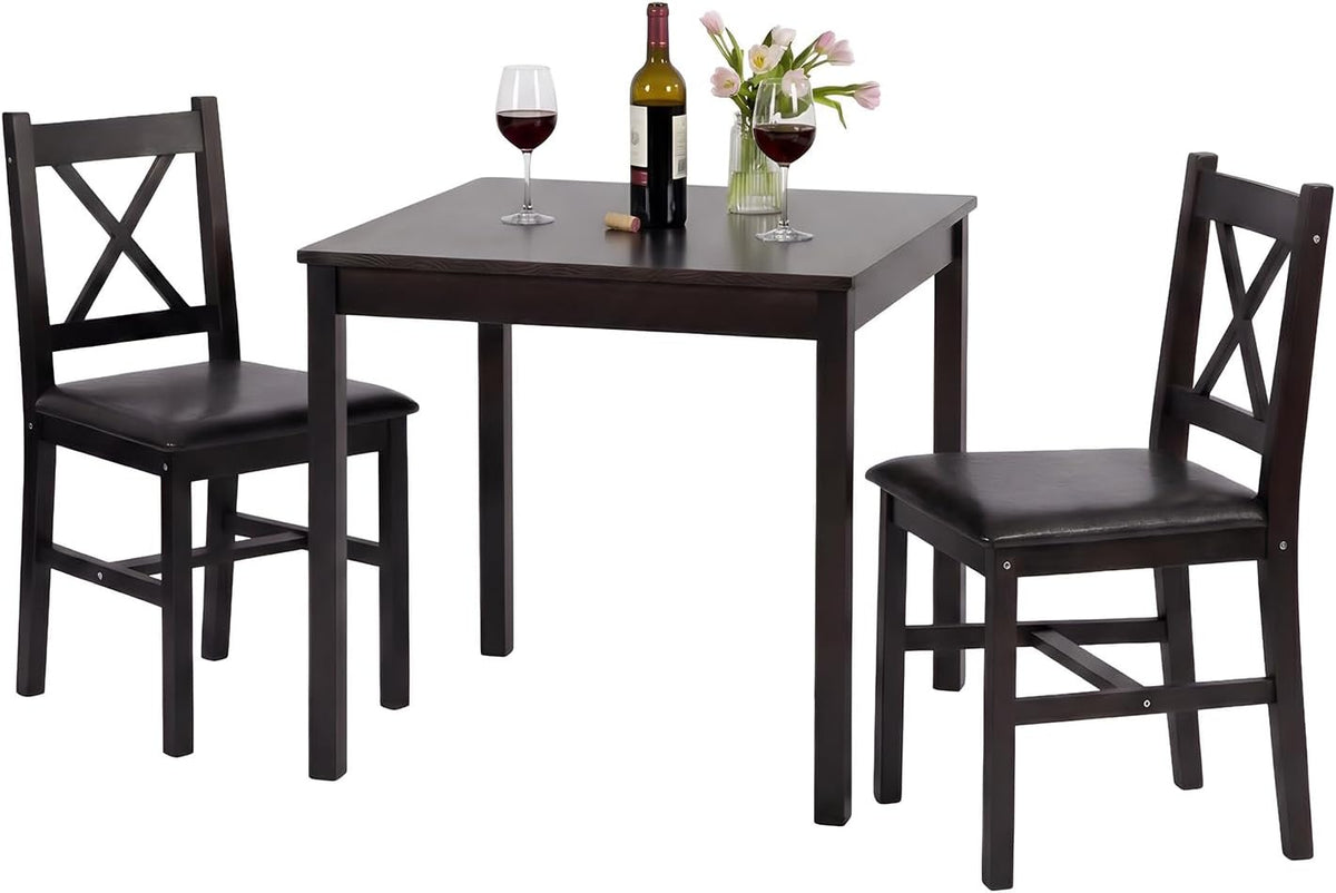 FDW | 3-Piece Solid Wood Dining Table Set for 2 | Brown | Space-Saving Design | Smooth Easy-to-Clean Surface | Pine Kitchen Table with Upholstered Chairs | for Dining Room, Apartment, Restaurant