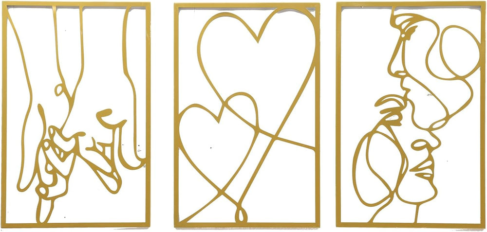 AMAATE 3Pcs Gold Romantic Couple Heart Hollow Metal Wall Sculpture Art