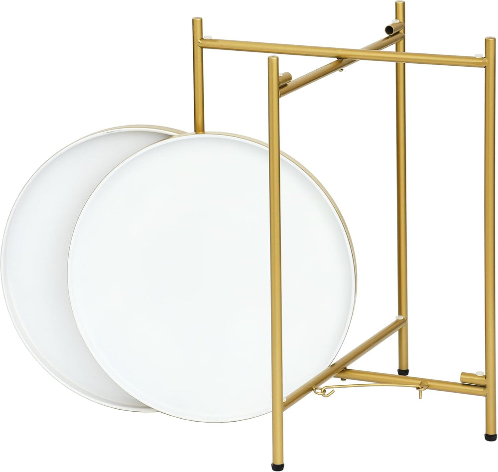 2-Tier Round End Side Table, Small Metal Side Table with Removable Tray, Fold...