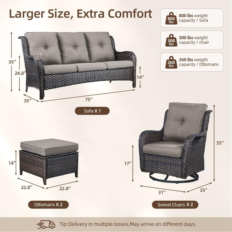 Outdoor Brown Wicker Furniture Set of 5, Wicker Patio Conversation Set Grey
