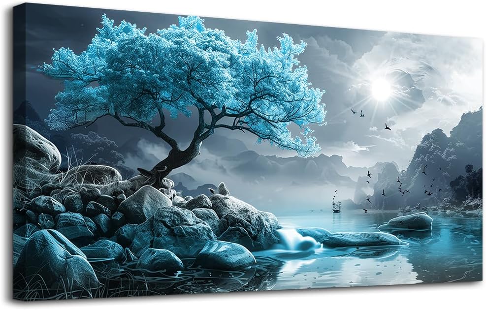 KELIYUAN Large Wall Art For Living Room Canvas Wall Decor Bedroom Blue Tree L...