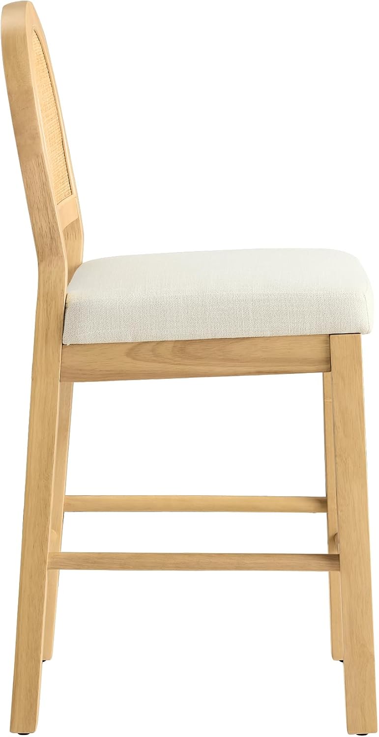Upholstered Rattan Bar Stools, 26'' Counter Height, Set of 2, Natural