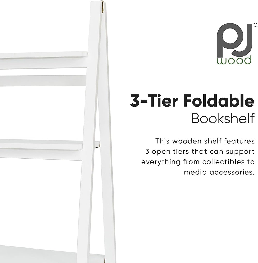 PJ Wood 3-Tier Foldable Bookshelf, A-Frame, White