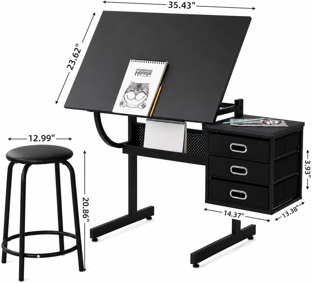 Adjustable Drawing Table with 3 Drawers & Stool, for Art & Work